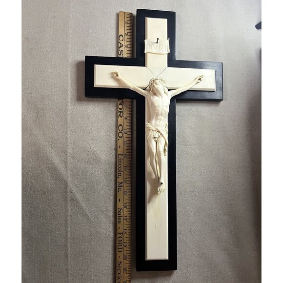 Large Crucifix Wood and Resin 1950s Catholic Clergy Labeled 21" - Picture 5 of 6